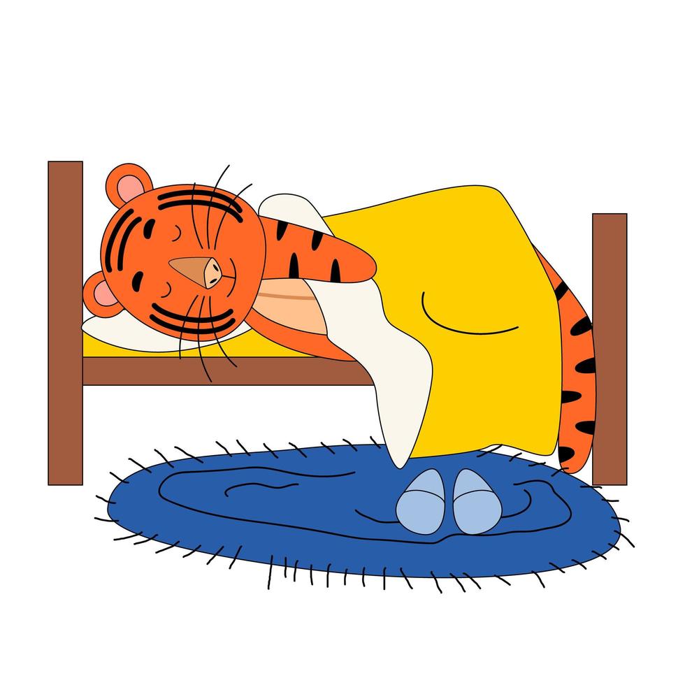 un tigre duerme en una cama, un lindo animal. la idea de un personaje para una tarjeta de felicitación, una pintura mural para niños. vector