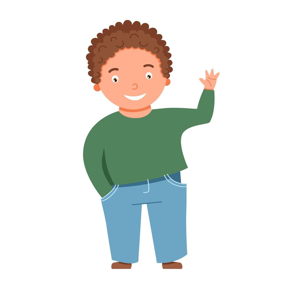 A light-skinned, blond, curly-haired boy waves. Vector illustration