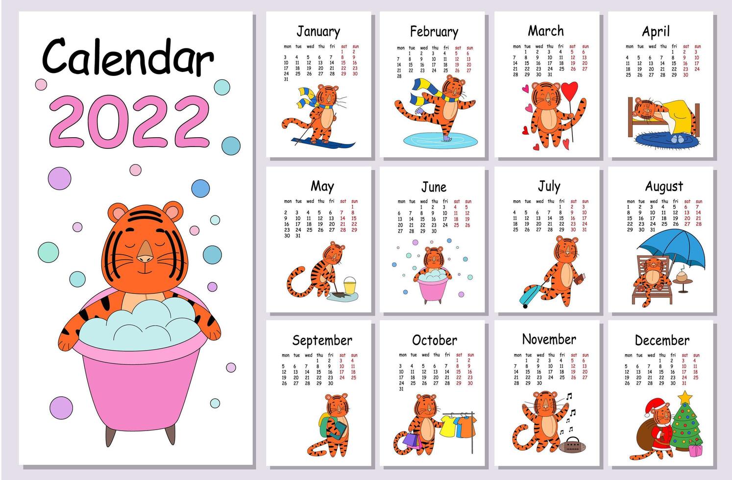 Wall calendar design template for the year 2022, the year of the Tiger according to the Chinese calendar in English. The week starts on Monday. vector