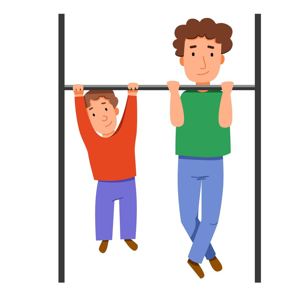 Characters for Fatheres Day. Father and son together do pull-ups on the crossbar. vector