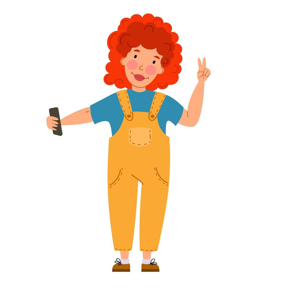 a curly-haired, red-haired girl takes a selfie with her phone. Wireless technology. vector