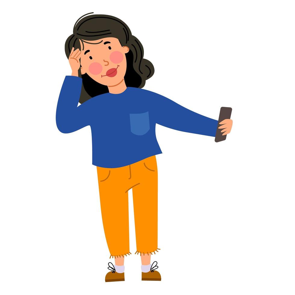 una chica elegante de cabello oscuro se toma una selfie con su teléfono. tecnología inalámbrica. vector