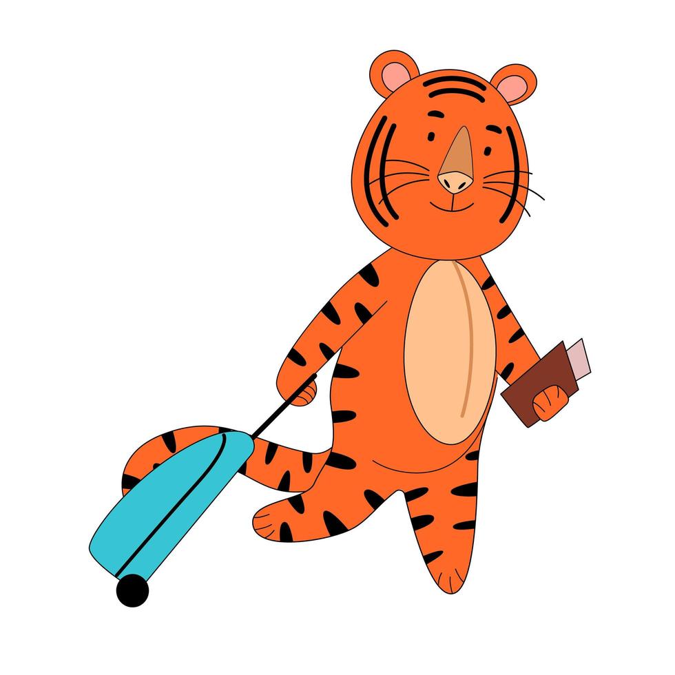 a tiger with documents and a suitcase went on a trip, a cute animal. vector