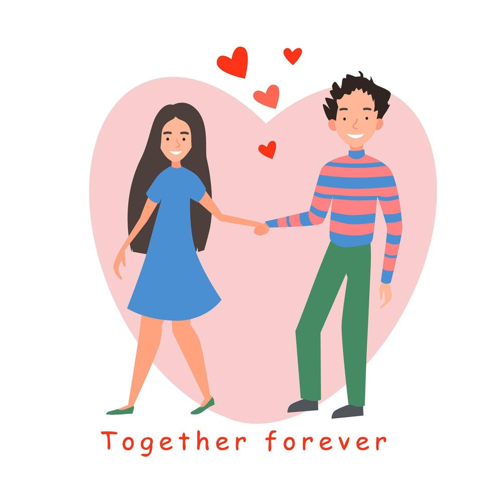 A postcard of a couple in love. Valentines Day, hearts, flat cartoon characters. vector