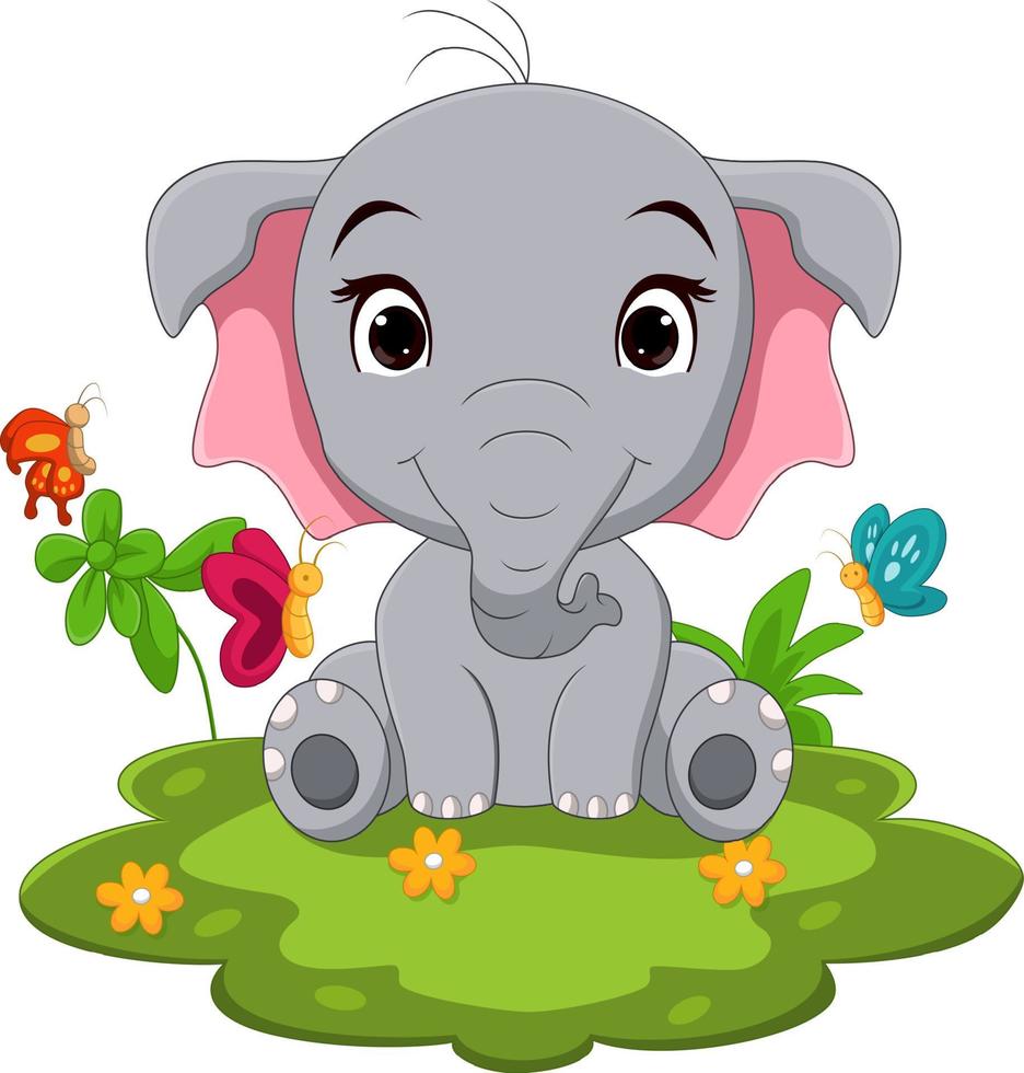 Cartoon cute baby elephant sitting in grass vector