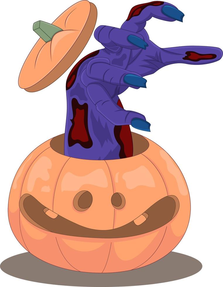 Cartoon zombie hand out of the pumpkin vector