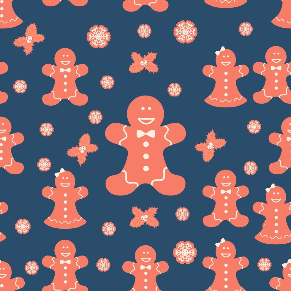 Gingerbread seamless pattern with holly berries and snowflakes vector