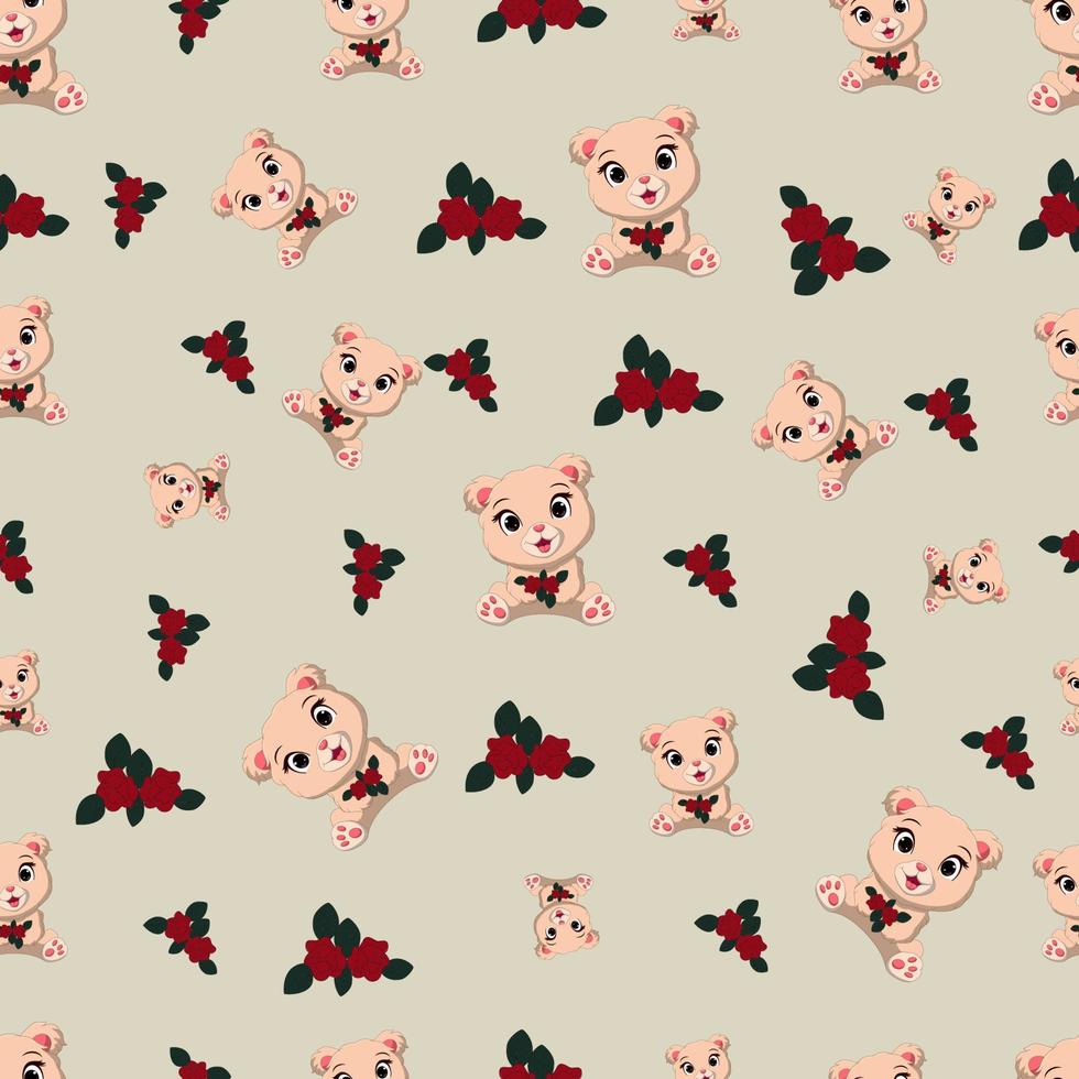 Animal seamless pattern with bear and roses flower vector