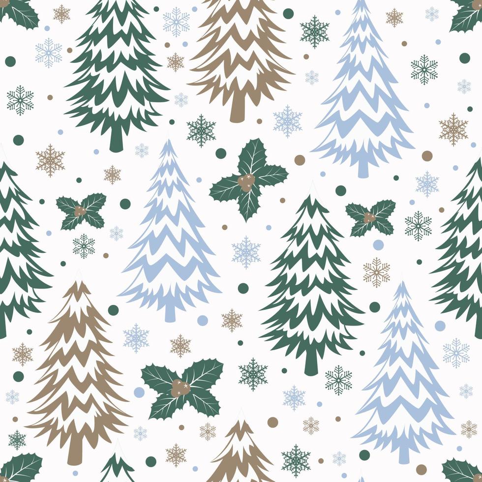 Christmas seamless pattern with trees and holly leaves vector