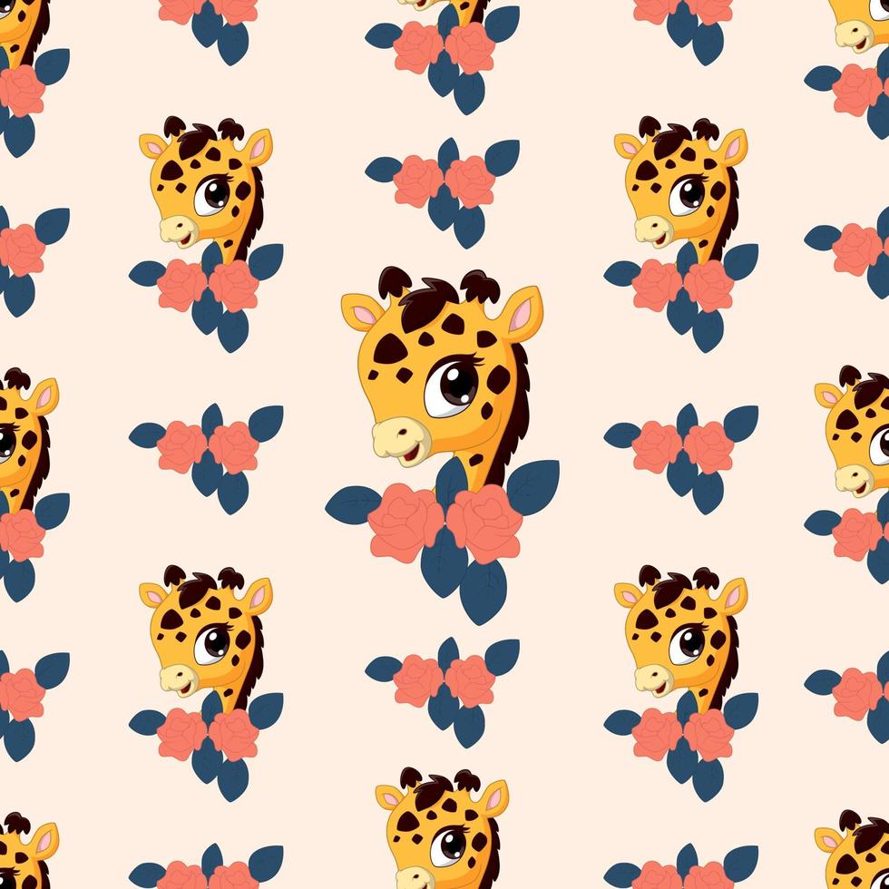 lindo, jirafa, seamless, patrón, con, flor vector