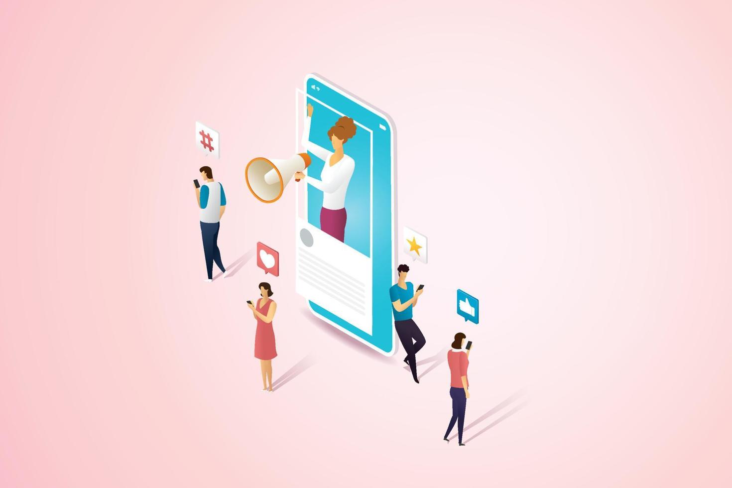 Woman holding a megaphone via smartphone with online group customers. vector