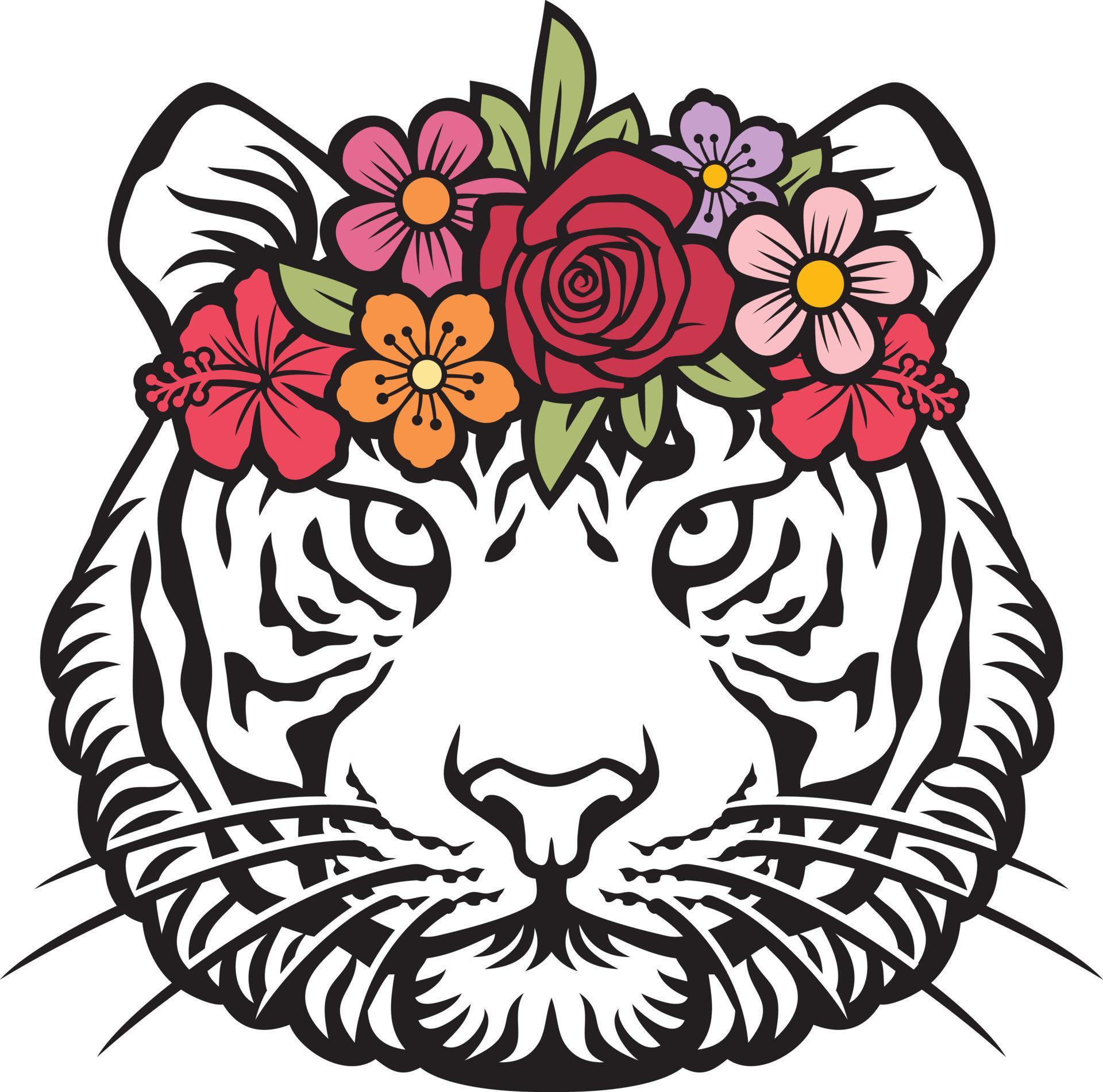 Tiger head with flowers vector illustration 5532536 Vector Art at Vecteezy