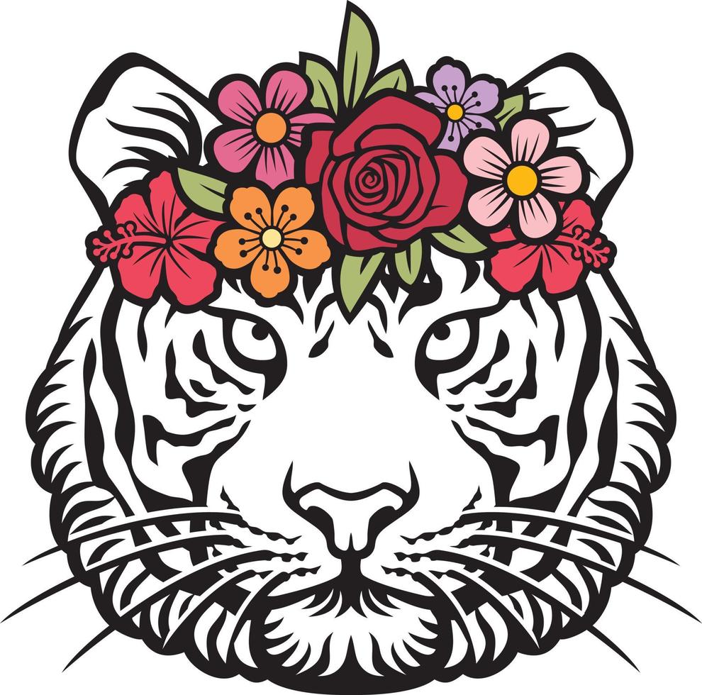 Tiger head with flowers vector illustration