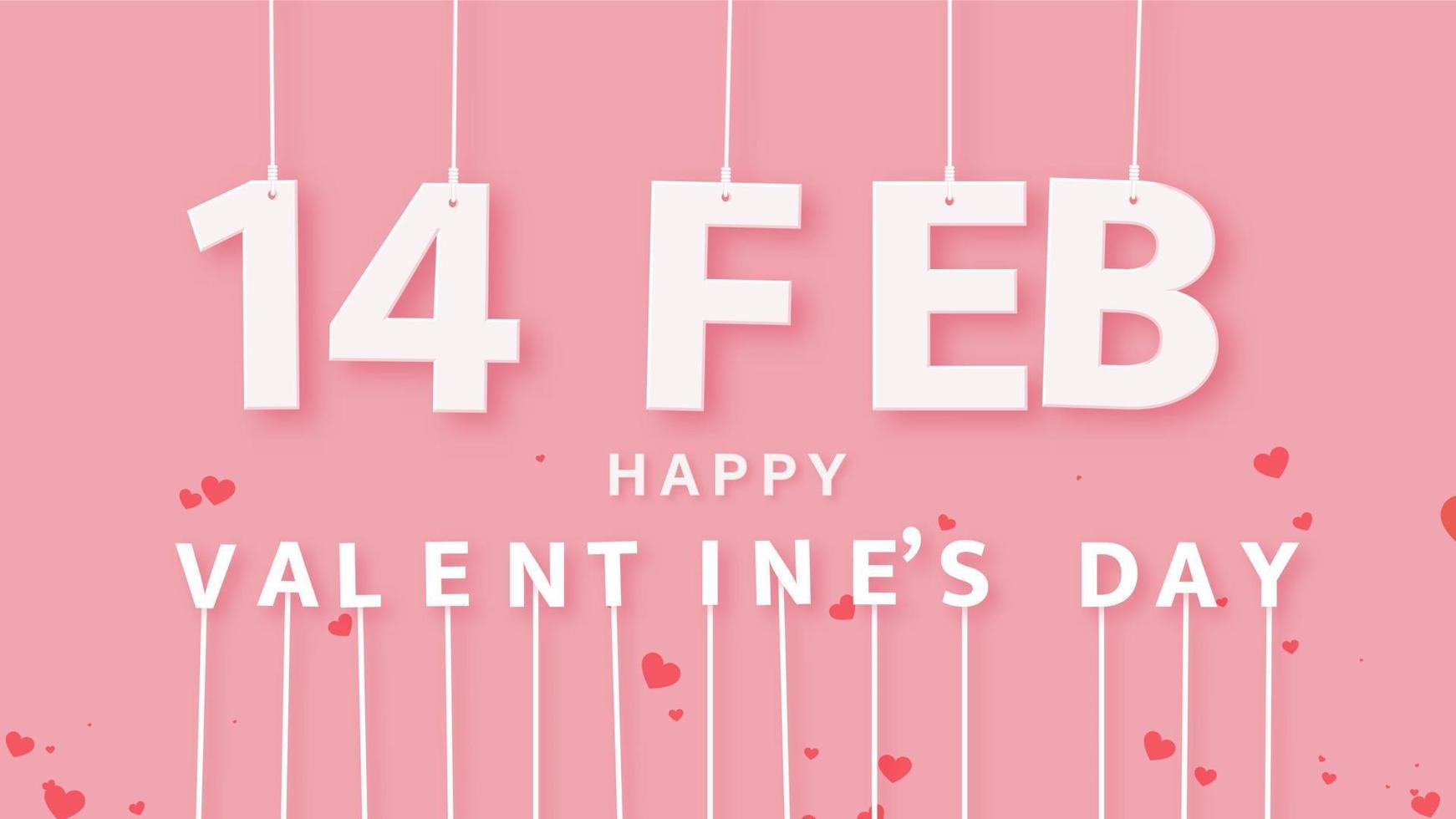 14 Feb happy Valentine's day text on pink background with heart confetti, 16x9 proportion vector