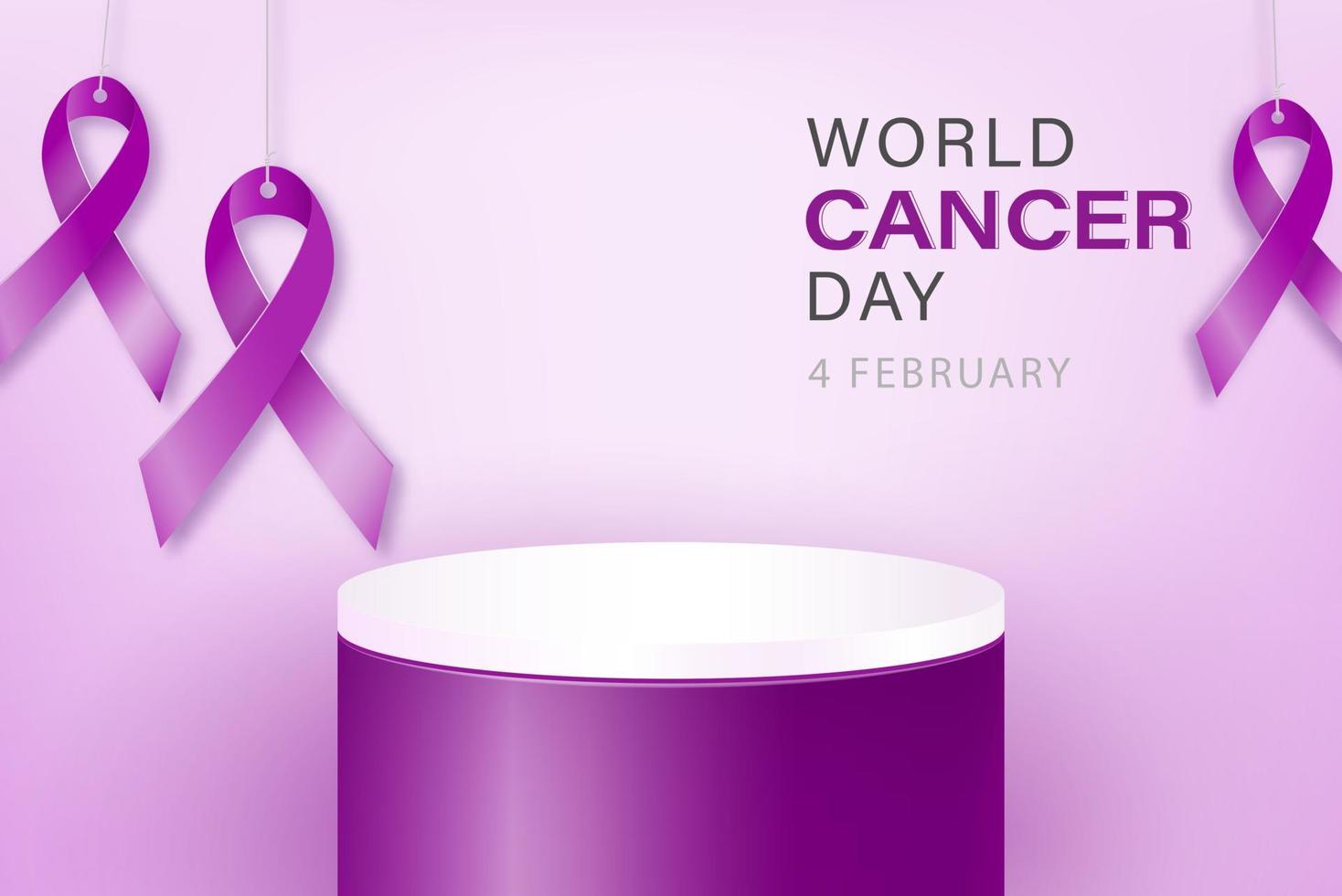 Purple podium mock up with awareness ribbon decoration in background for world cancer day on 4th of February vector