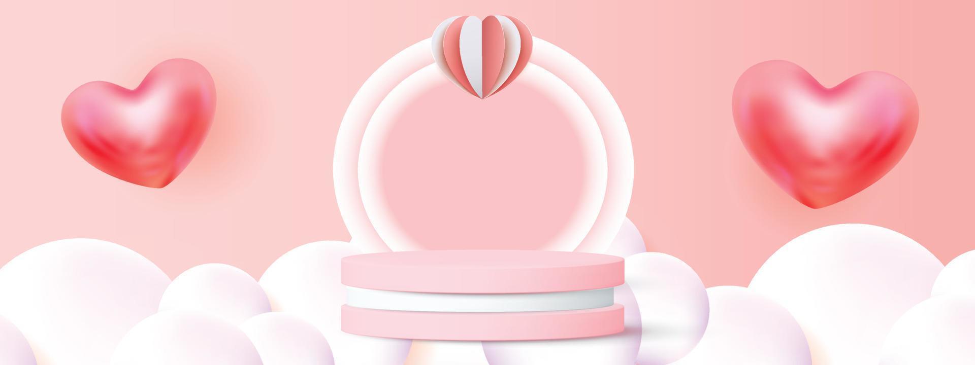 Fondo de producto rojo podio 3d para san valentín rosa y corazón amor romance concepto diseño vector illustation decoración banner