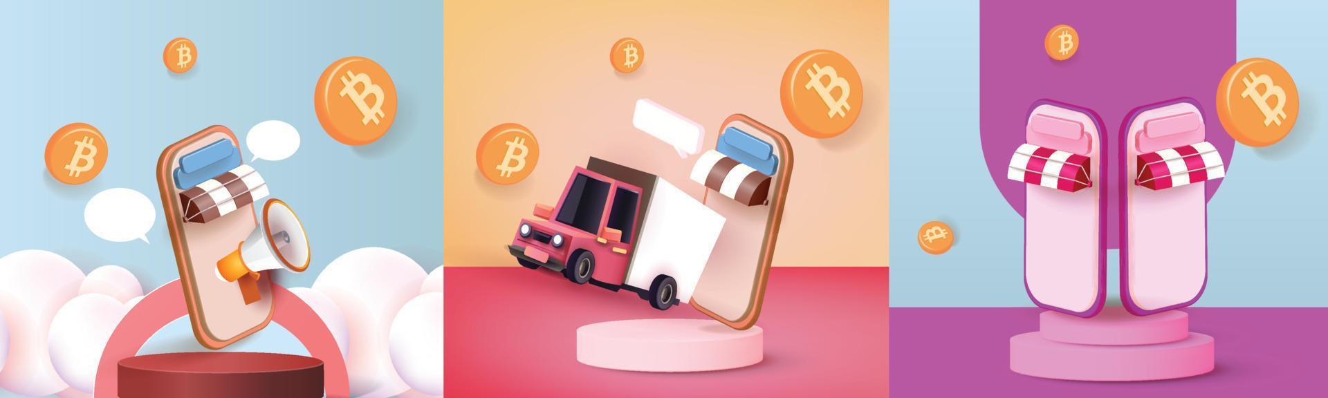 compras y cripto en el teléfono banner ilustración vectorial banca 3d btc oro cion comercio en efectivo mercado monetario vender negocios. vector