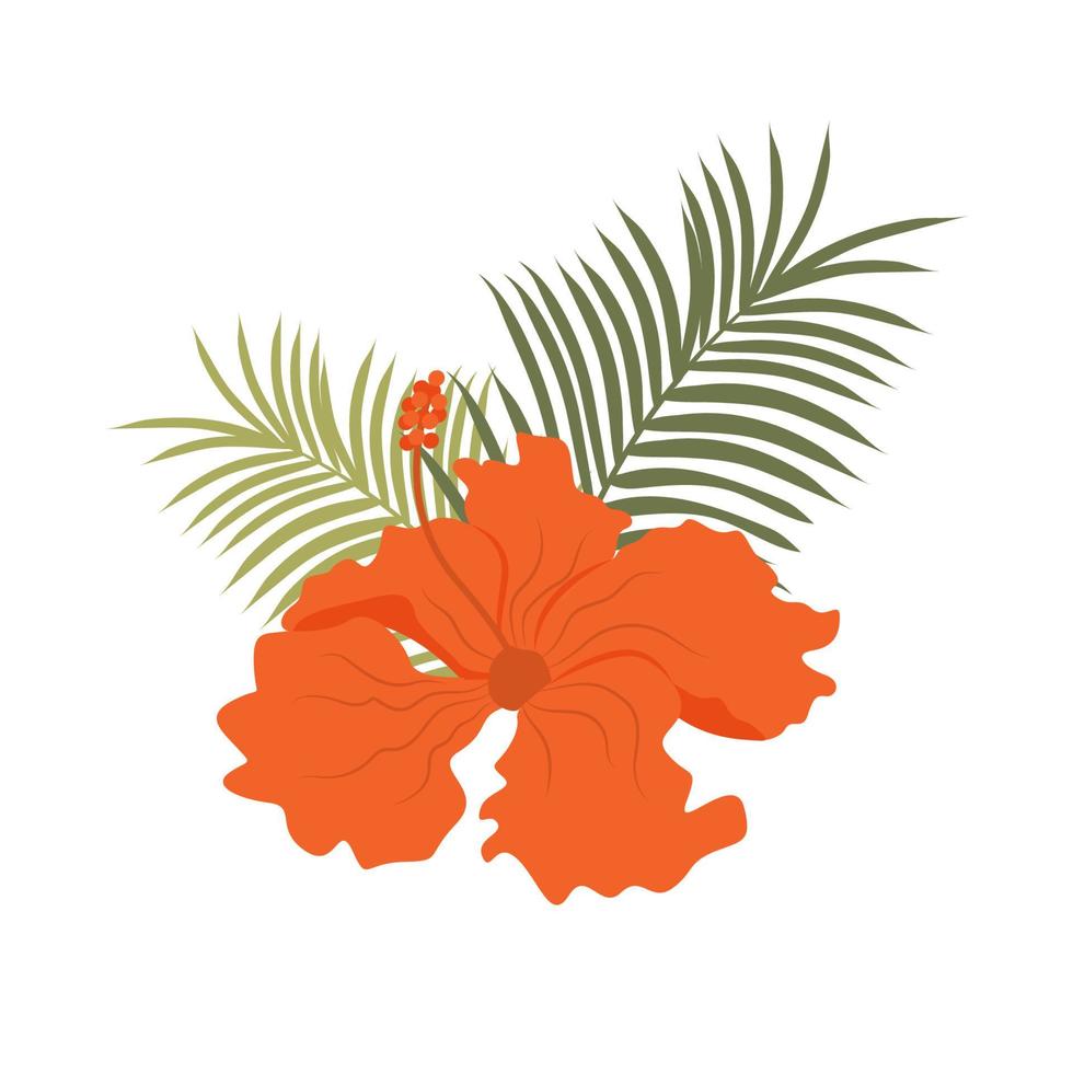 Isolated flat vector illustration exotic flower and palm leaves