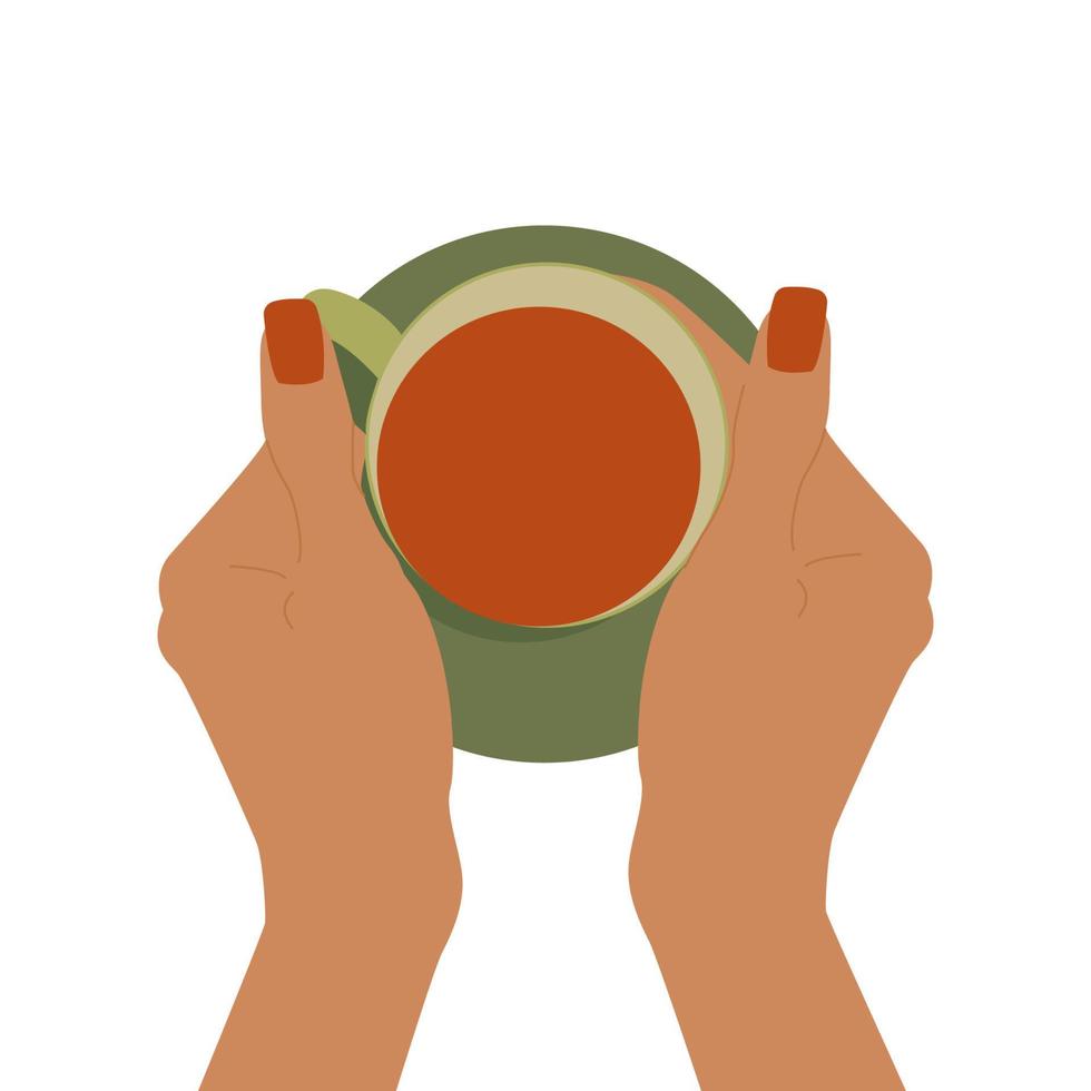 Top view hands hold a hot mug of tea. Flat vector isolated illustration