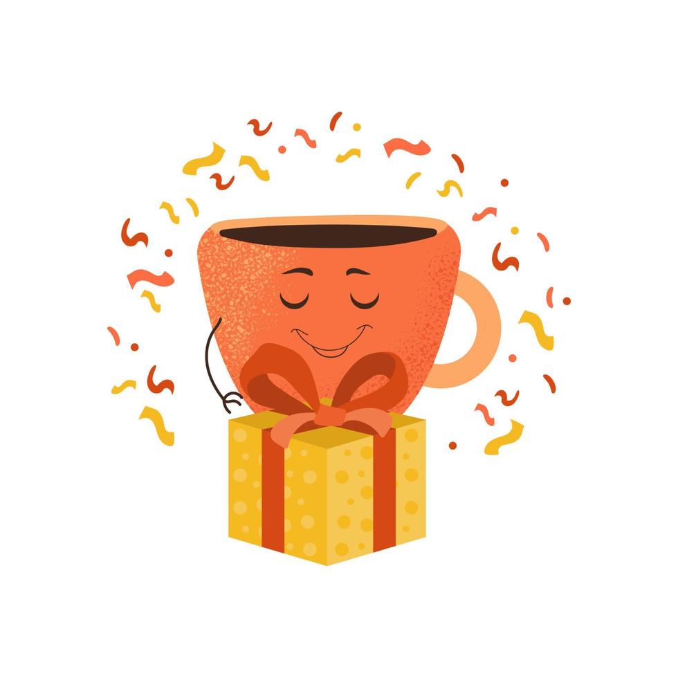 Tea day. Cute mug character opens a gift. Cartoon vector isolated illustration