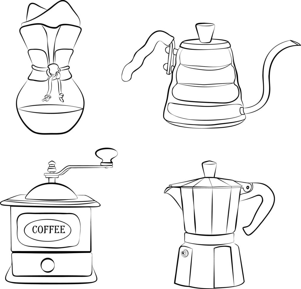 Simple lineart vector of coffee devices. Hand drawn art for menu, fliers, posters, iconc, chalkboards.