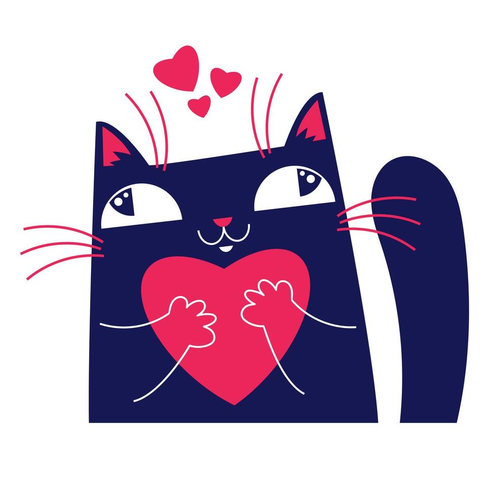 Cartoon cat in love holding a heart in paws. Valentine's day greeting card illustration isolated on the white background. vector