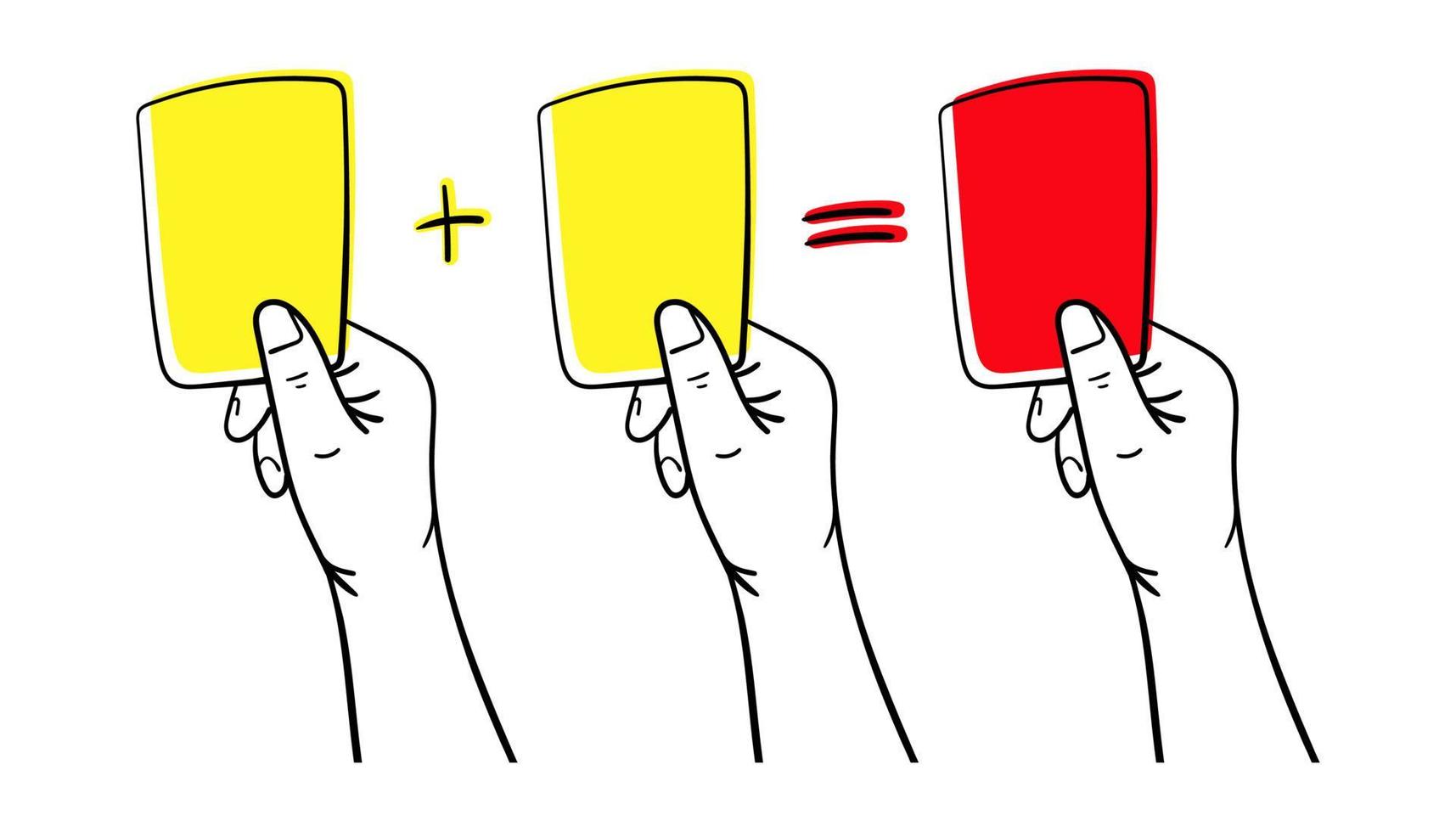 Two yellow soccer cards equals a red card. Vector illustration.