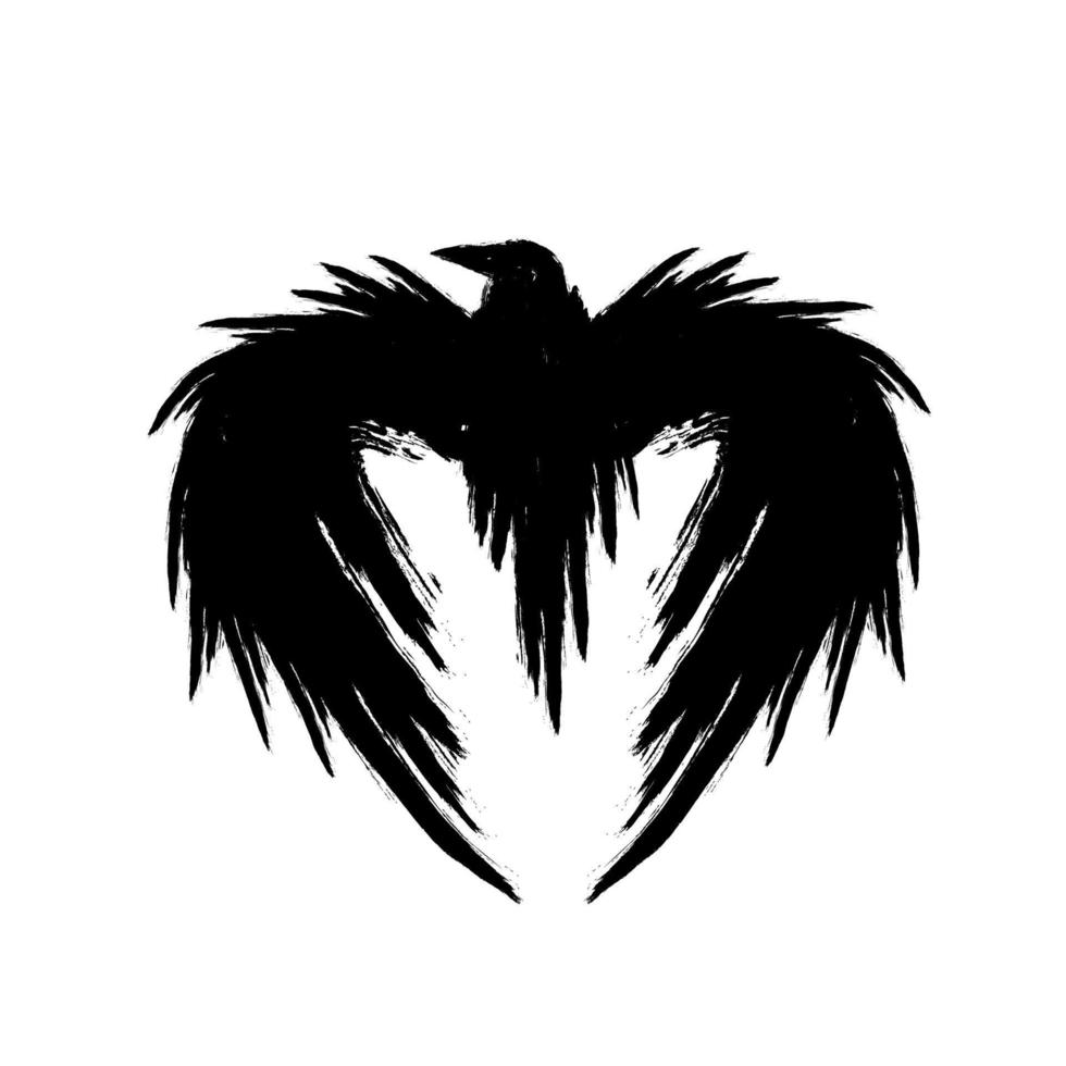 silueta de cuervo negro con alas en forma de corazón. ilustración vectorial aislada en el fondo blanco. vector