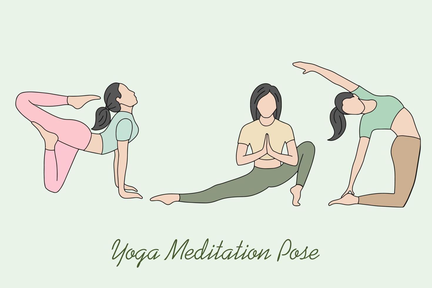conjunto de mujer niña yoga meditación personas pose espiritual ilustración plana vector
