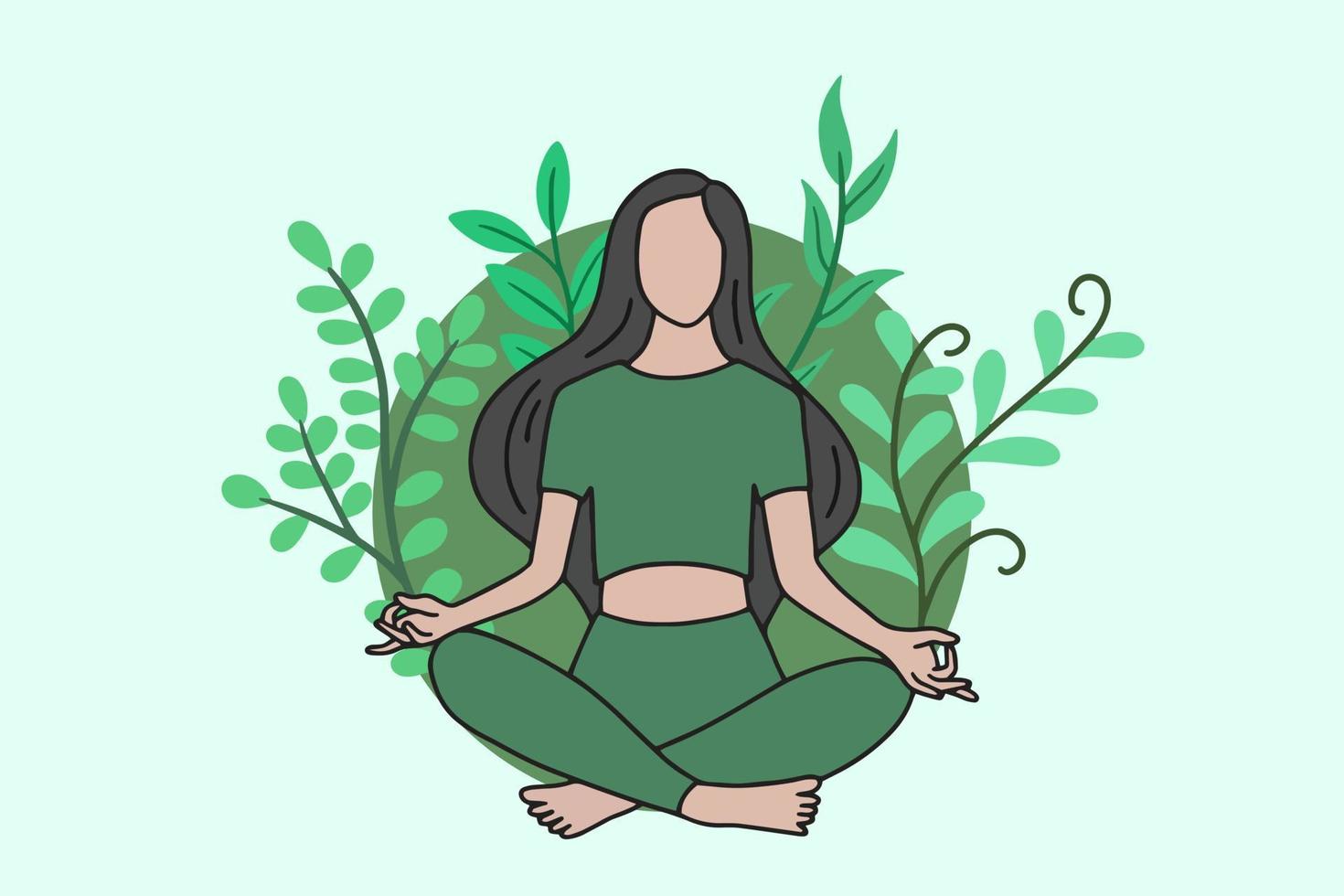 mujer meditando en yoga pacífico y estilo de vida saludable meditación personas posan relajación espiritual diseño de dibujos animados planos vector