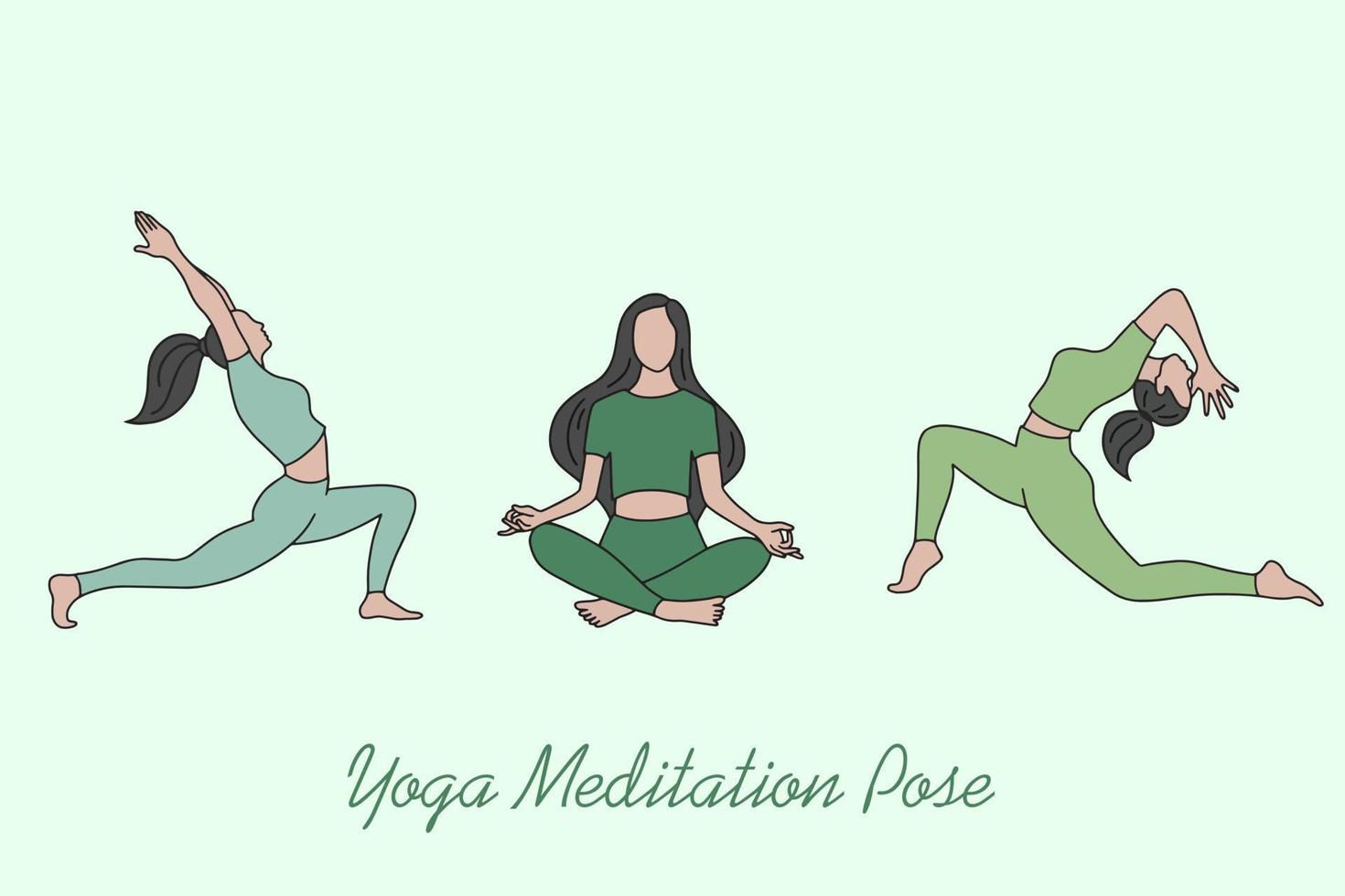 conjunto de mujer niña yoga meditación personas pose espiritual ilustración plana vector