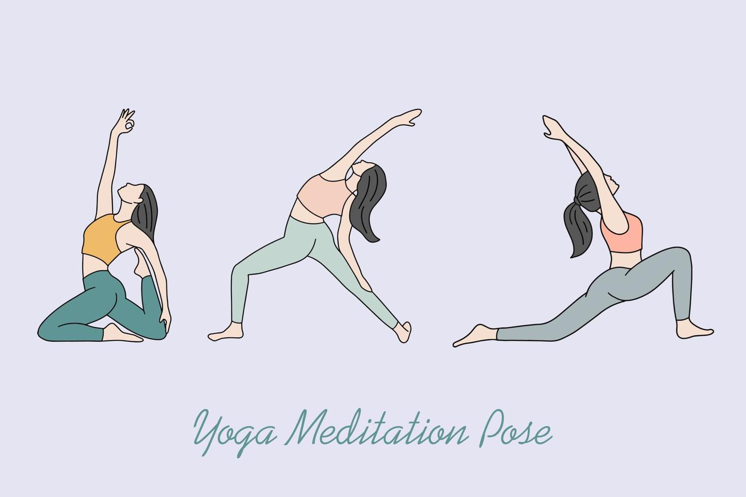 conjunto de mujer niña yoga meditación personas pose espiritual ilustración plana vector