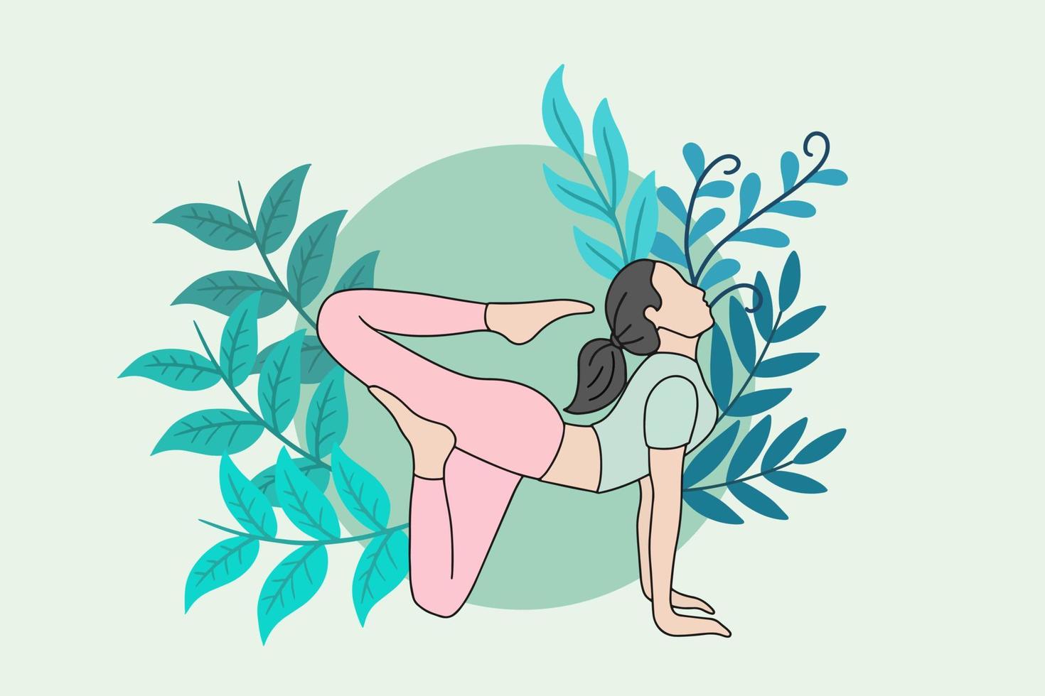 mujer meditando en una ilustración de naturaleza pacífica, yoga y concepto de estilo de vida saludable, diseño de dibujos animados planos vector