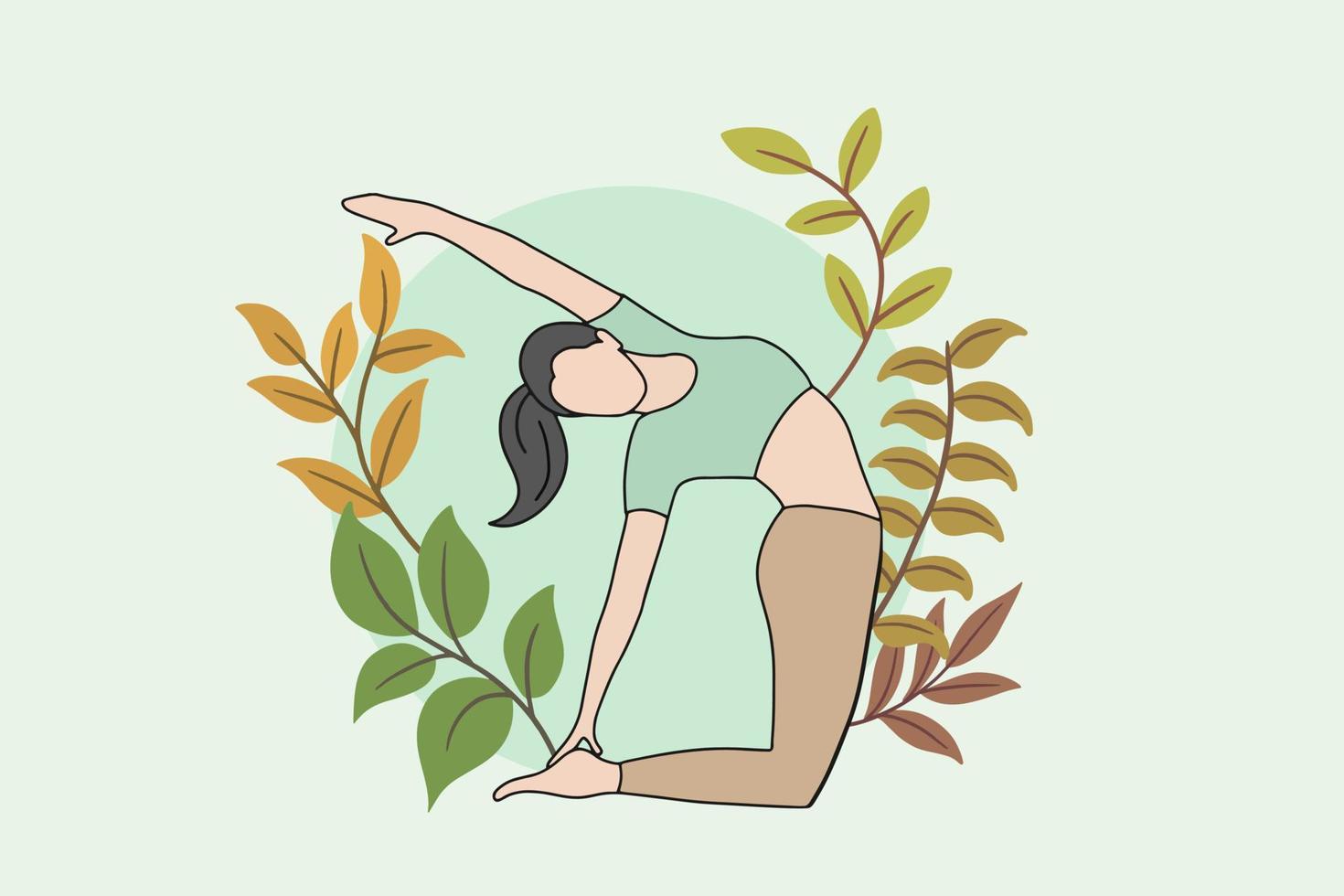 mujer meditando en una ilustración de naturaleza pacífica, yoga y concepto de estilo de vida saludable, diseño de dibujos animados planos vector