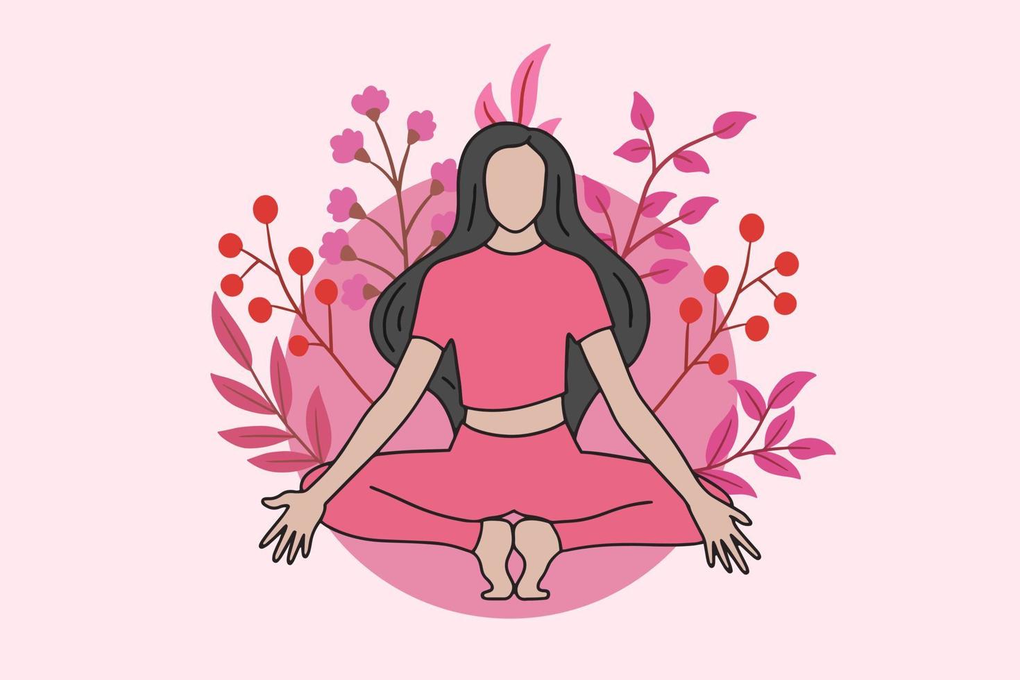 Woman meditating in peaceful yoga and healthy lifestyle Meditation People Pose Spiritual Relax flat cartoon design vector