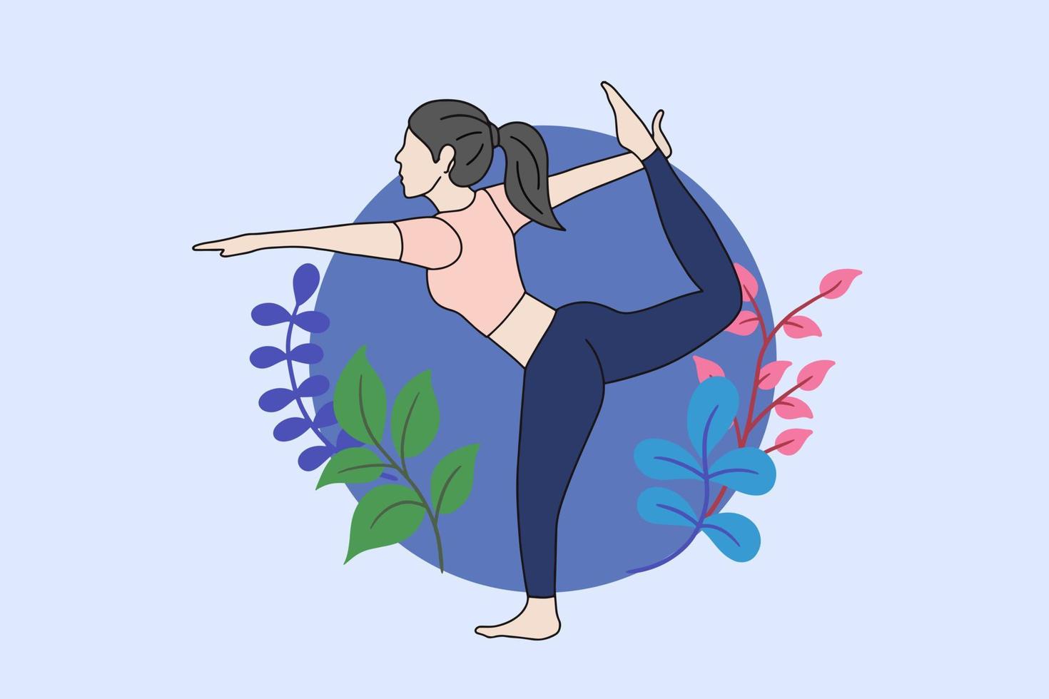 mujer meditando en una ilustración de naturaleza pacífica, yoga y concepto de estilo de vida saludable, diseño de dibujos animados planos vector