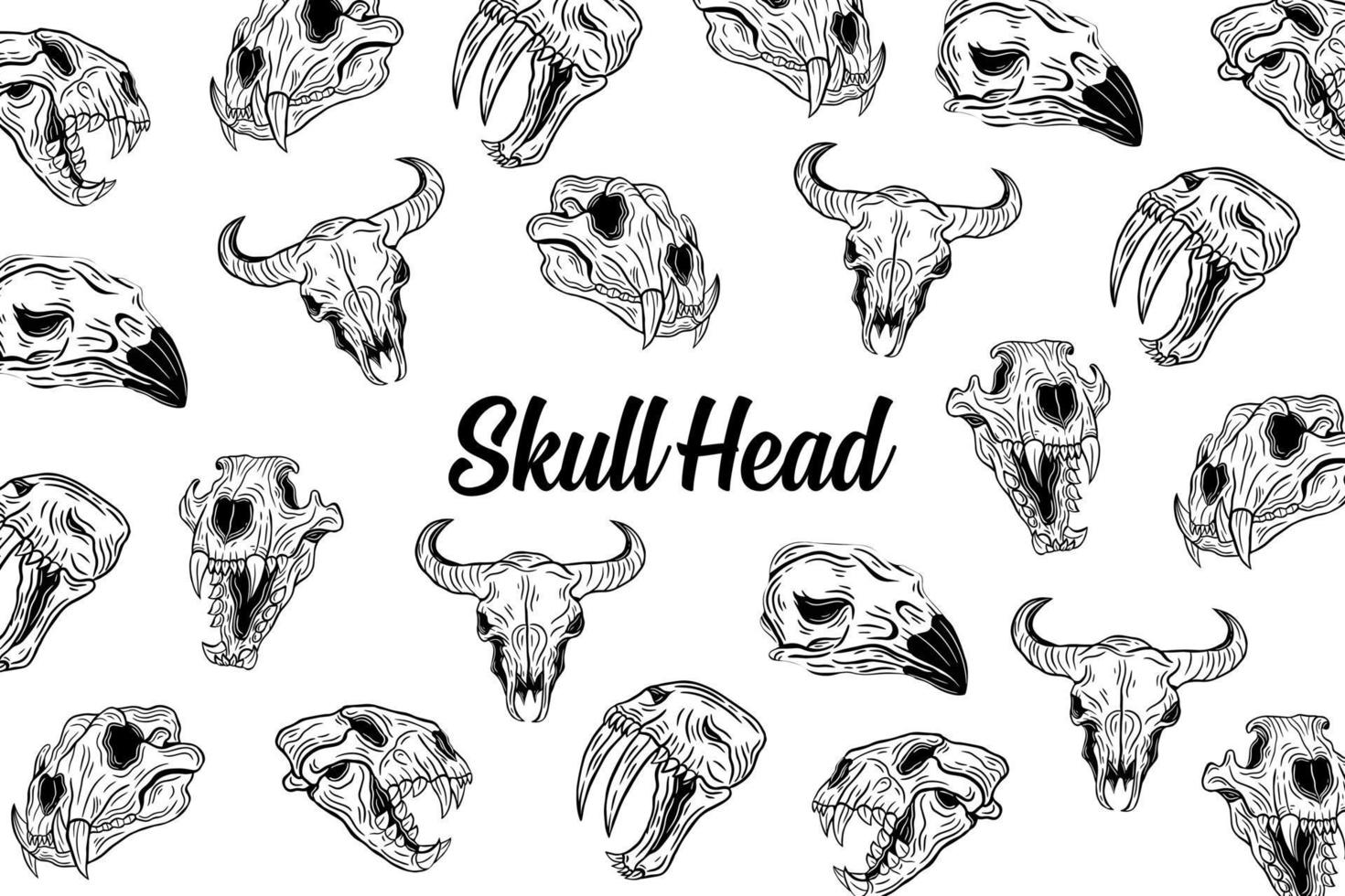 Set Dark illustration Skull Head Hand drawn Hatching Outline Style vector