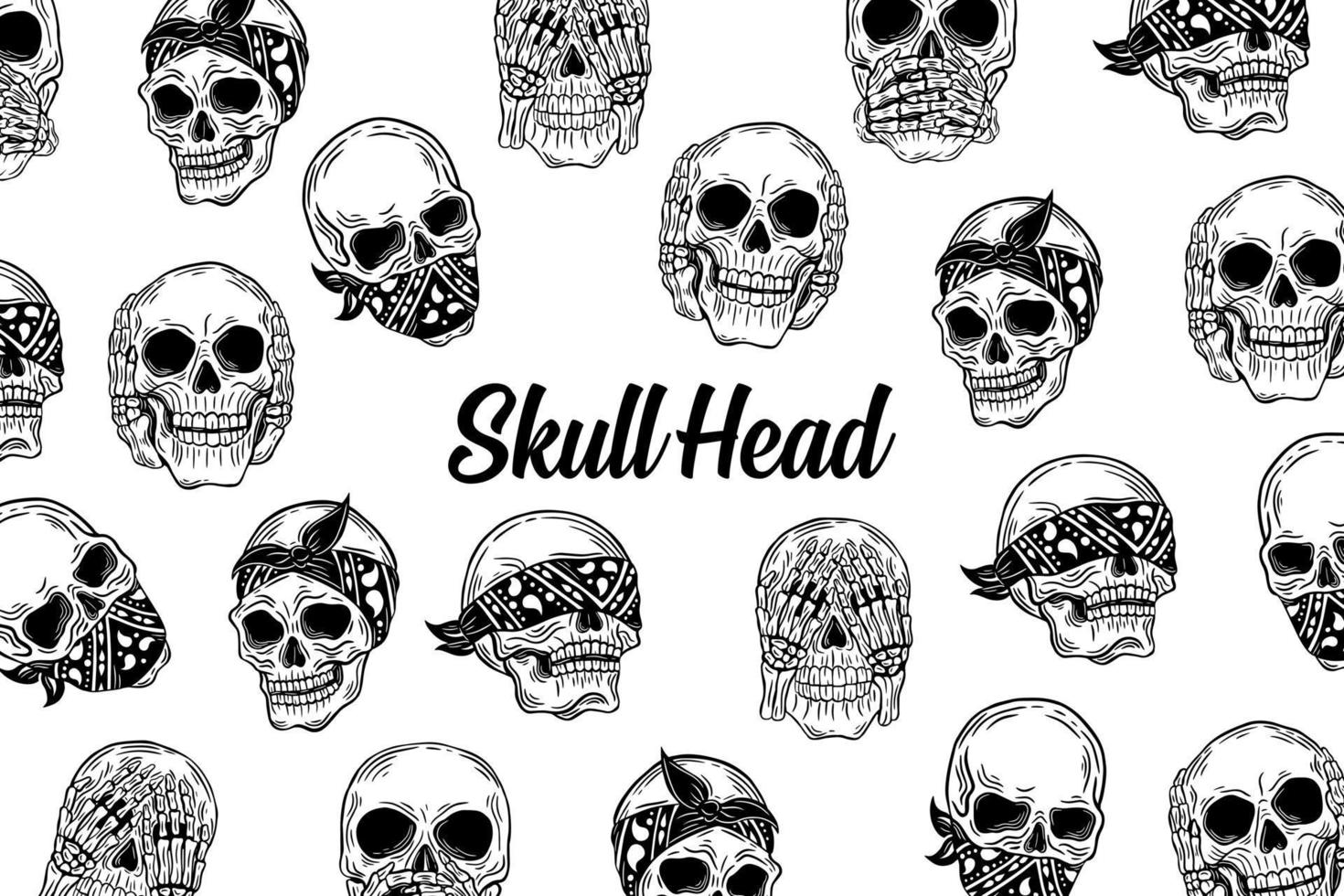 Set Dark illustration Skull Head Hand drawn Hatching Outline Style vector