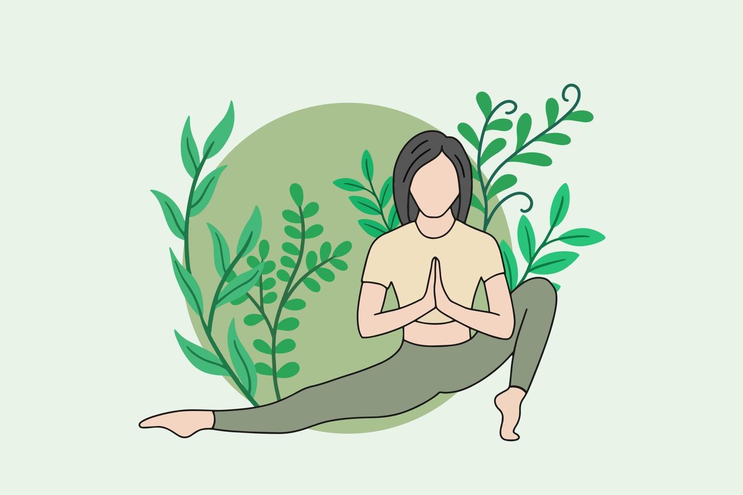 mujer meditando en una ilustración de naturaleza pacífica, yoga y concepto de estilo de vida saludable, diseño de dibujos animados planos vector