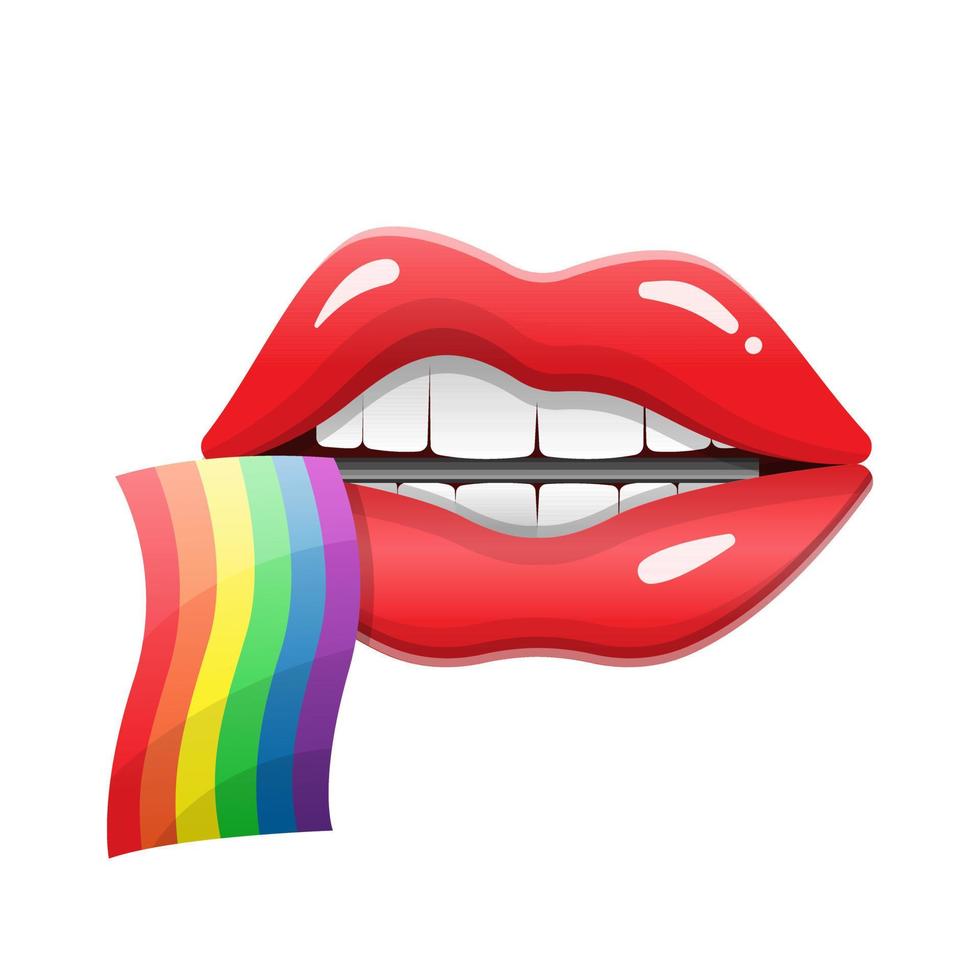 boca abierta con la bandera del arco iris lgbt. dia del orgullo Ilustración de diseño de vector de labios aislado sobre fondo blanco.