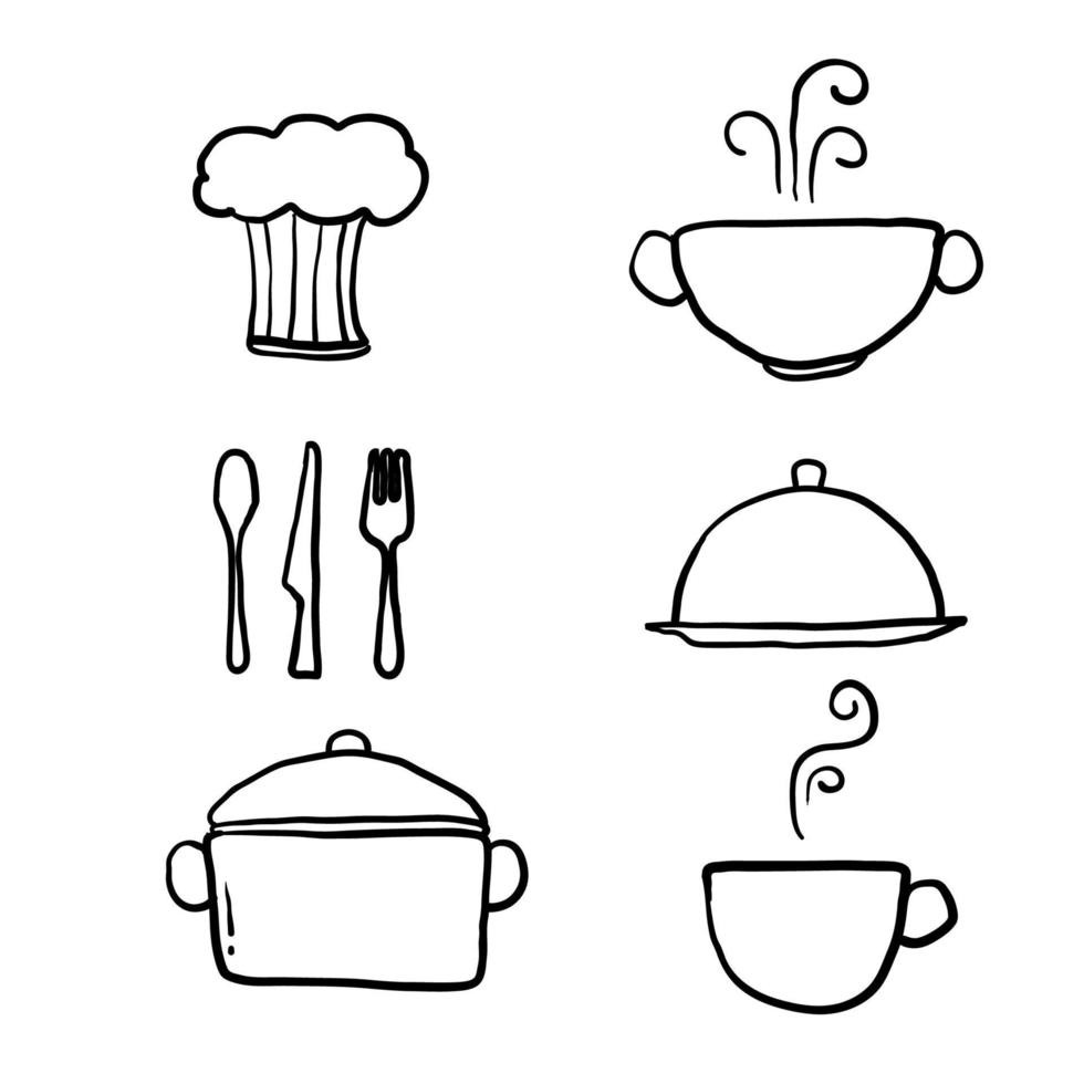 Conjunto de iconos de cocina de fideos dibujados a mano, iconos vectoriales en blanco y negro en vector de arte de dibujos animados de estilo de línea delgada