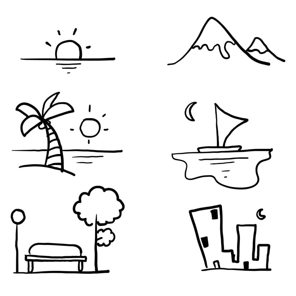 Set of hand drawn landscape related vector icon line design such as beach, desert, mountain, park and more. with doodle cartoon style