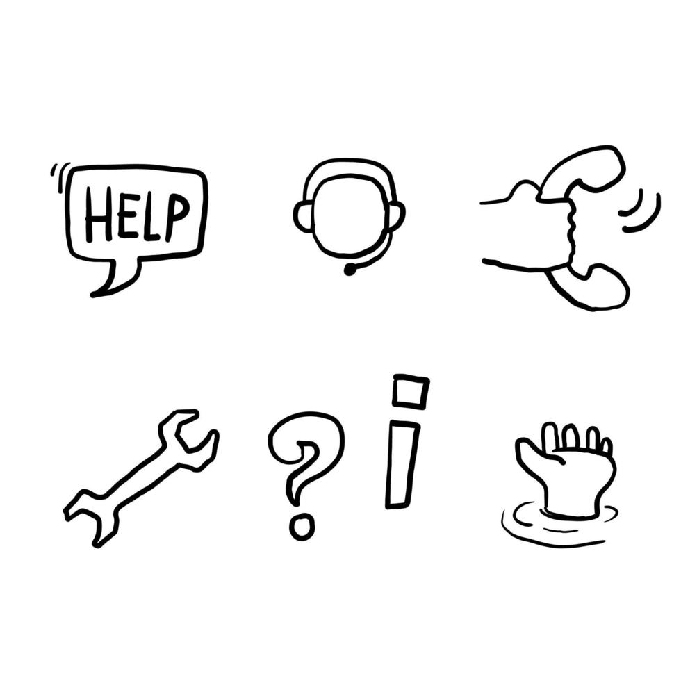 ayuda dibujada a mano y soporte relacionados con iconos de línea vectorial. contiene íconos como asistente telefónico, ayuda en línea, estilo de dibujo vector