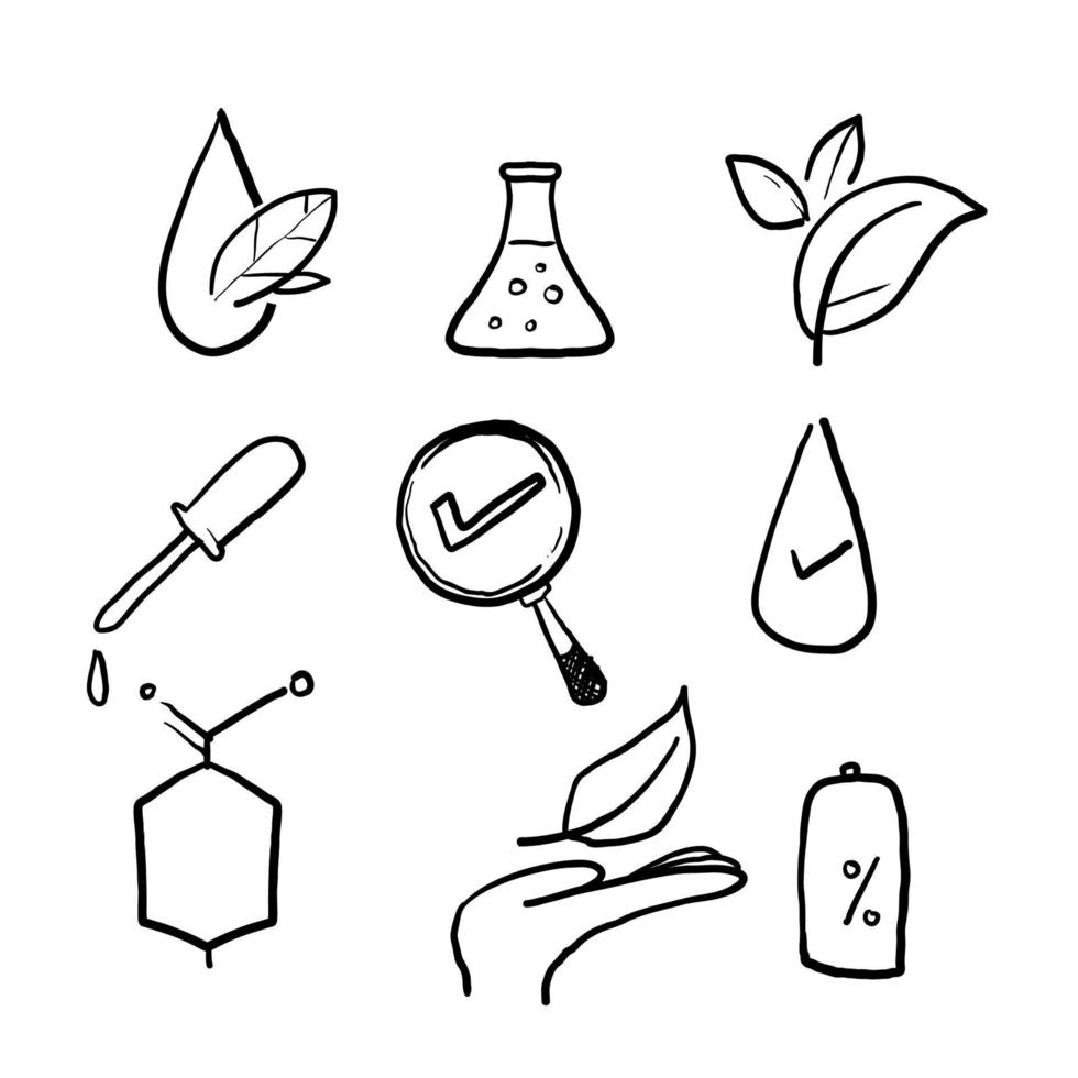 hand drawn No artificial colors, organic leaf line icons. Dermatologically tested, Paraben chemical formula icons. Hypoallergenic tested, Neutral ph.doodle vector