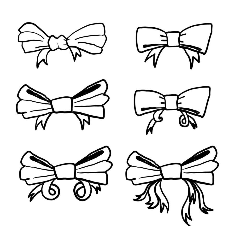 hand drawn bow set. Cartoon vector ribbons bows for xmas gifts, present cards and luxury wrap pack isolated on white background. doodle