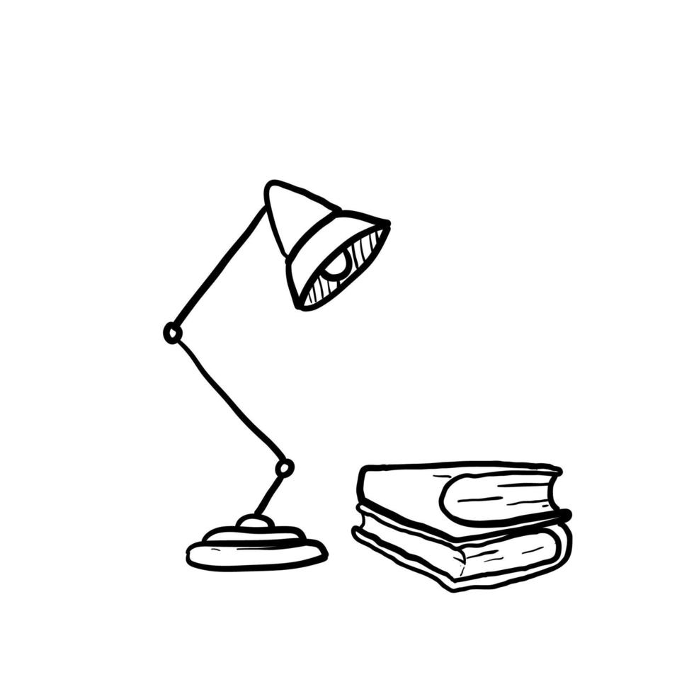 hand drawn table lamp and book illustration with doodle style vector isolated