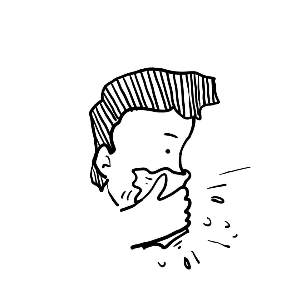 persona dibujada a mano cubriendo su boca con un pañuelo al toser o estornudar en estilo garabato vector