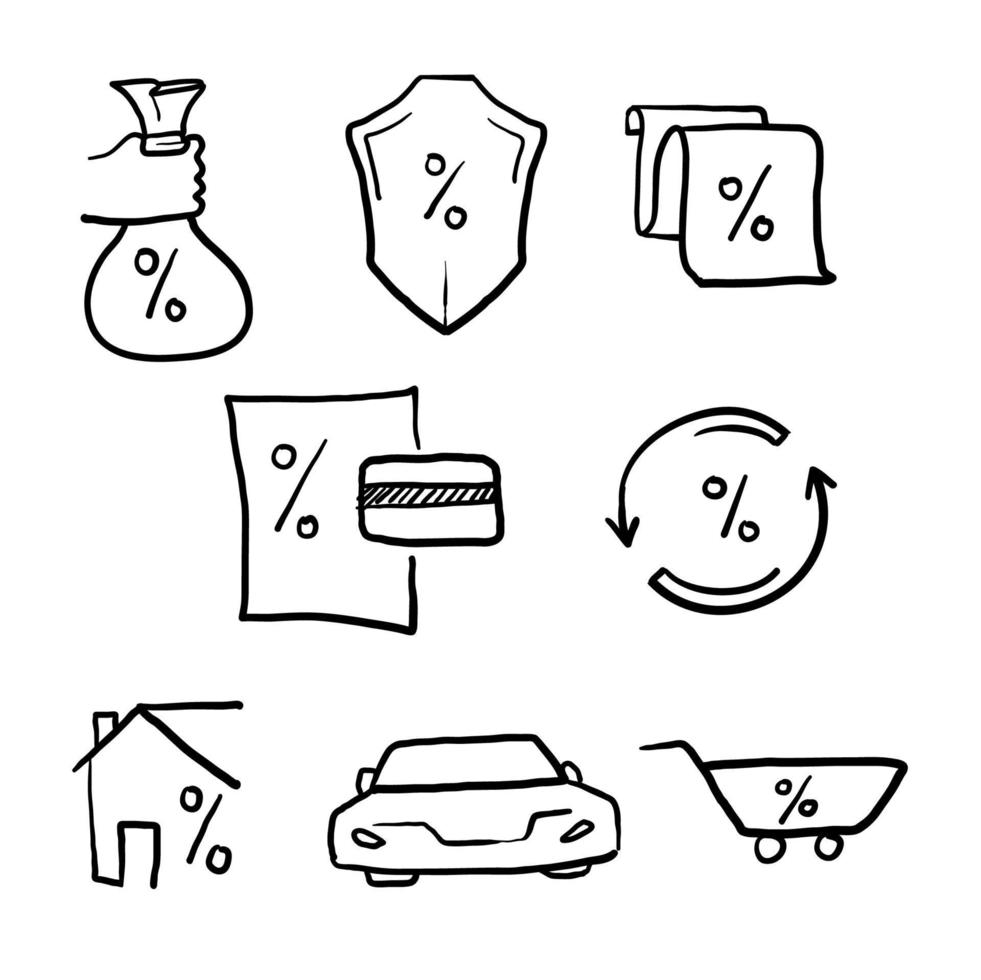 hand drawn Simple Set of Credit and Loan Related Vector Line Icons. Contains such Icons as Rate Calculator, Credit Card, Deposit . doodle