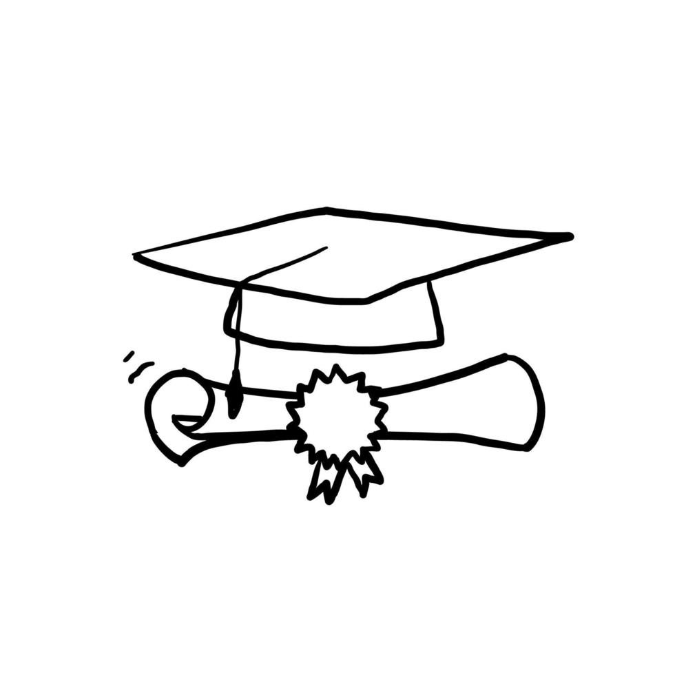 sombrero de graduación dibujado a mano e ilustración de papel de desplazamiento con vector de estilo de garabato