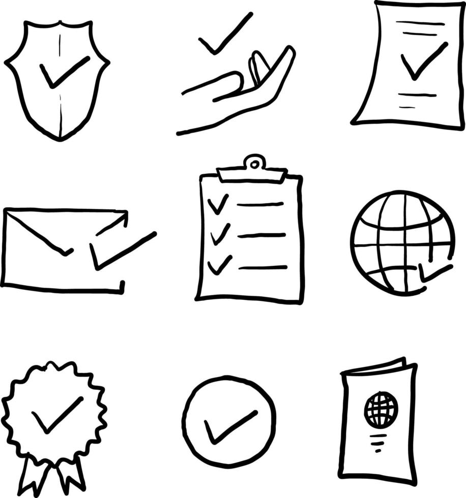 hand drawn Set of Approve Related Vector Line Icons. Contains such Icons as Protection Guarantee, Accepted Document, Quality Check. doodle